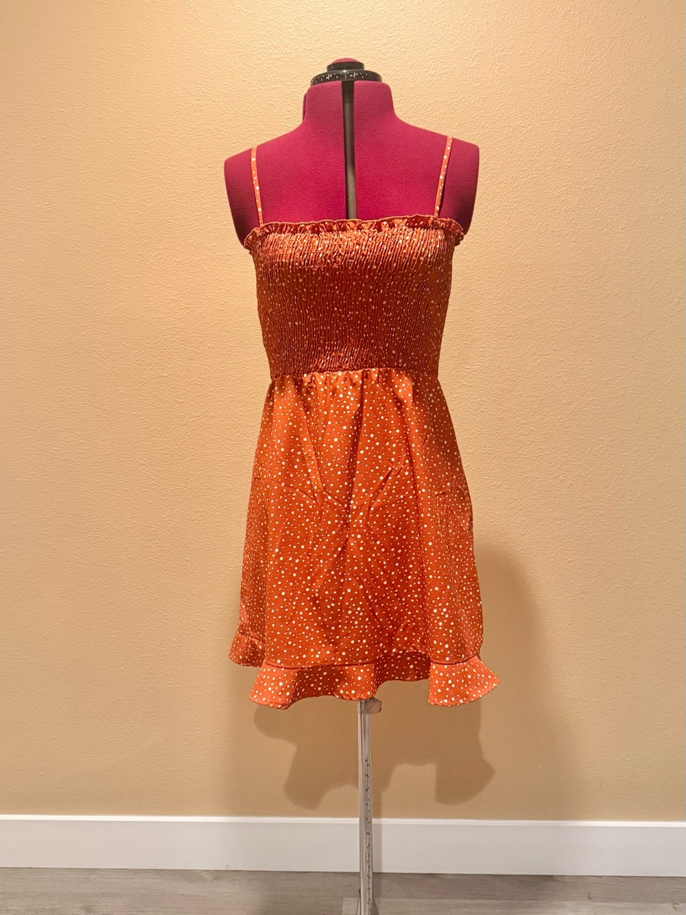 Forever 21 Orange Smocked Polka Dot Mini Dress